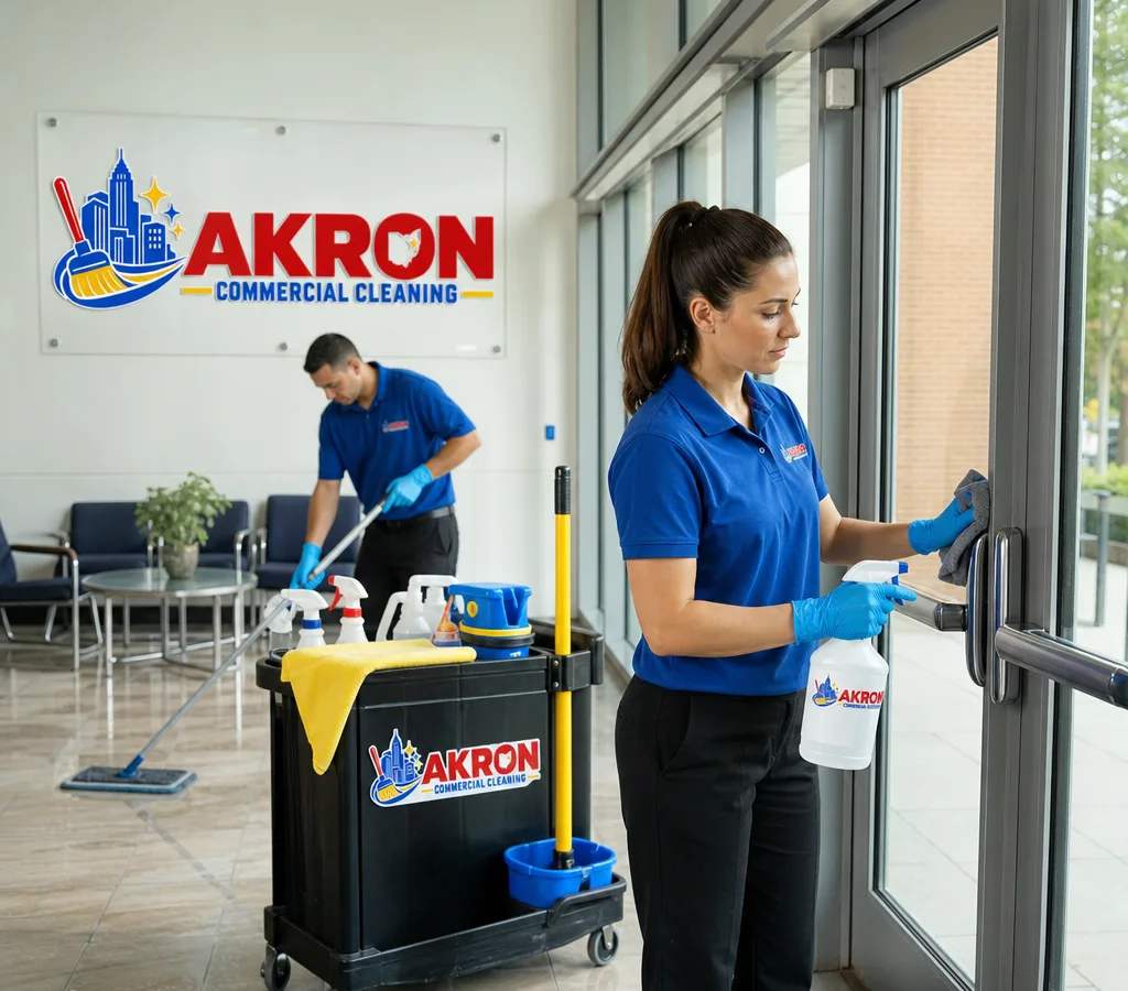 Professional commercial cleaners servicing an Akron office lobby and common area