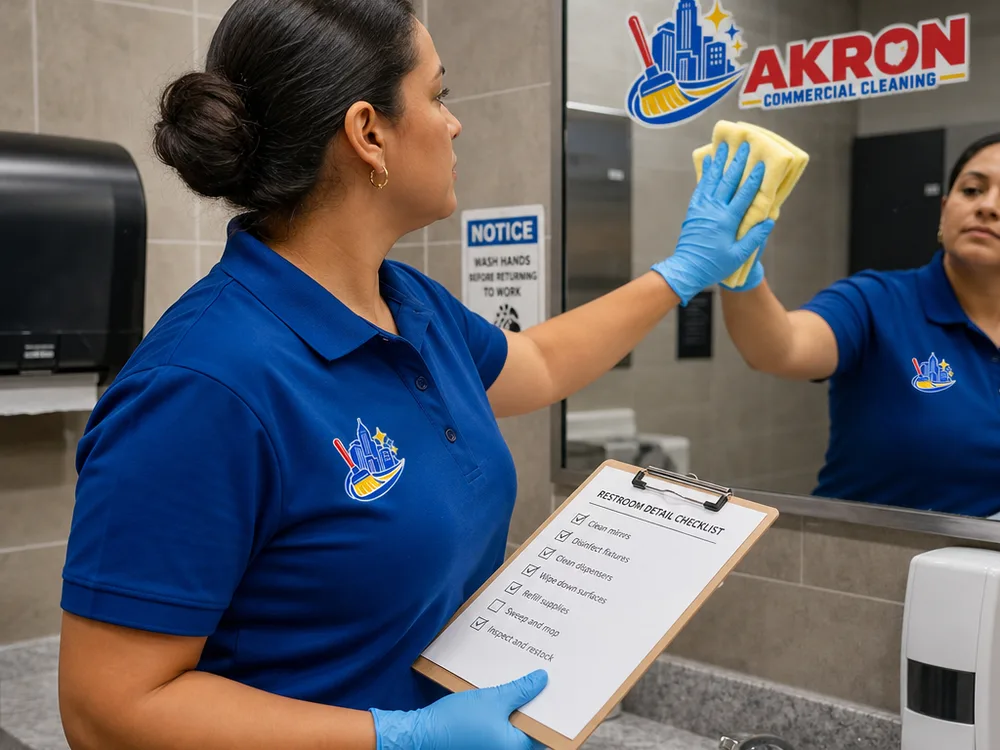 Commercial cleaner detailing restroom fixtures with a checklist