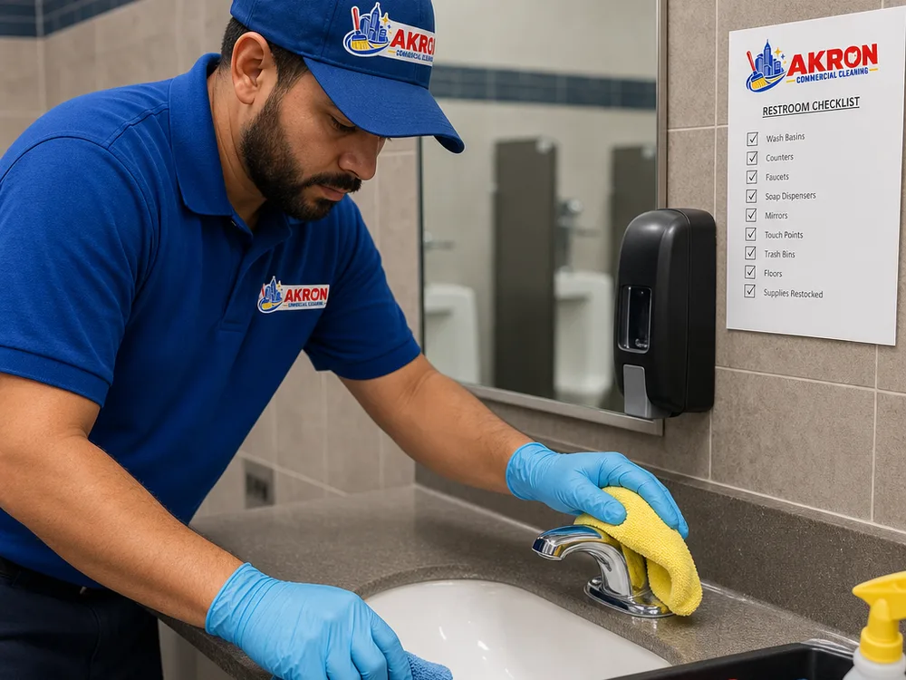 Cleaner detailing a commercial restroom sink and touchpoints with color-coded microfiber cloths beside a posted checklist