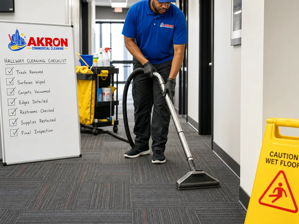 Cleaner vacuuming and edge-detailing carpet tiles in a commercial hallway with caution signage and a checklist board