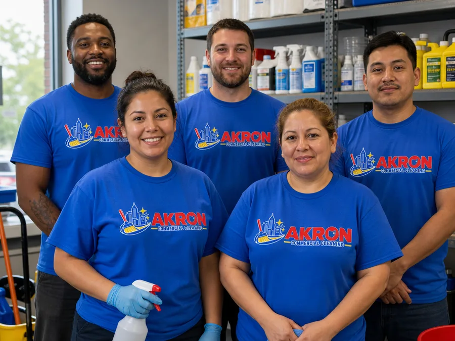 Akron Commercial Cleaning team beside stocked commercial cleaning supplies