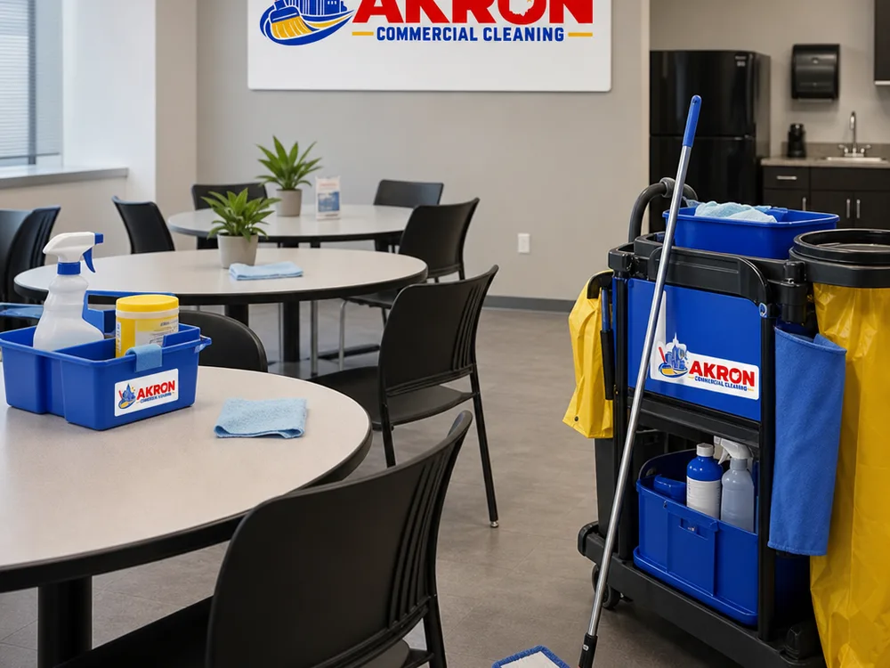 Commercial breakroom cleaning in progress with tables and counters being wiped, trash removed, and floors spot-mopped